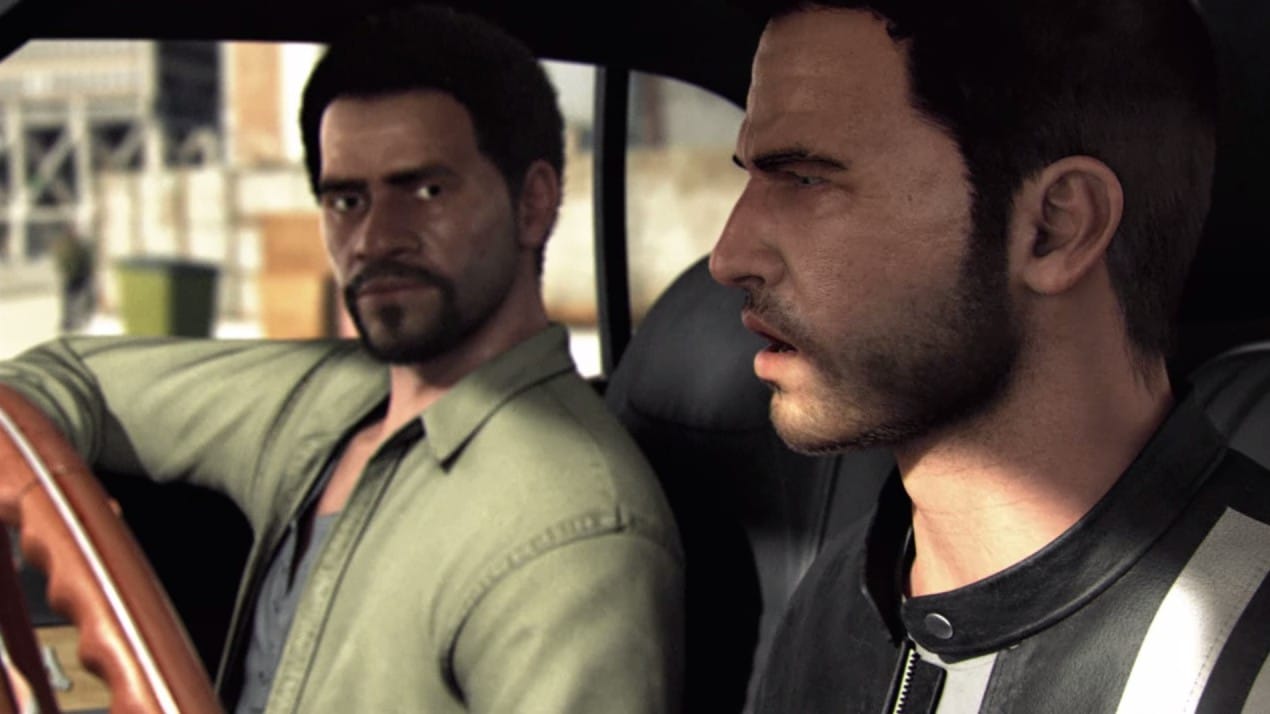 A screenshot from a cutscene in Driver San Francisco where Tanner talks to his partner Tobias.