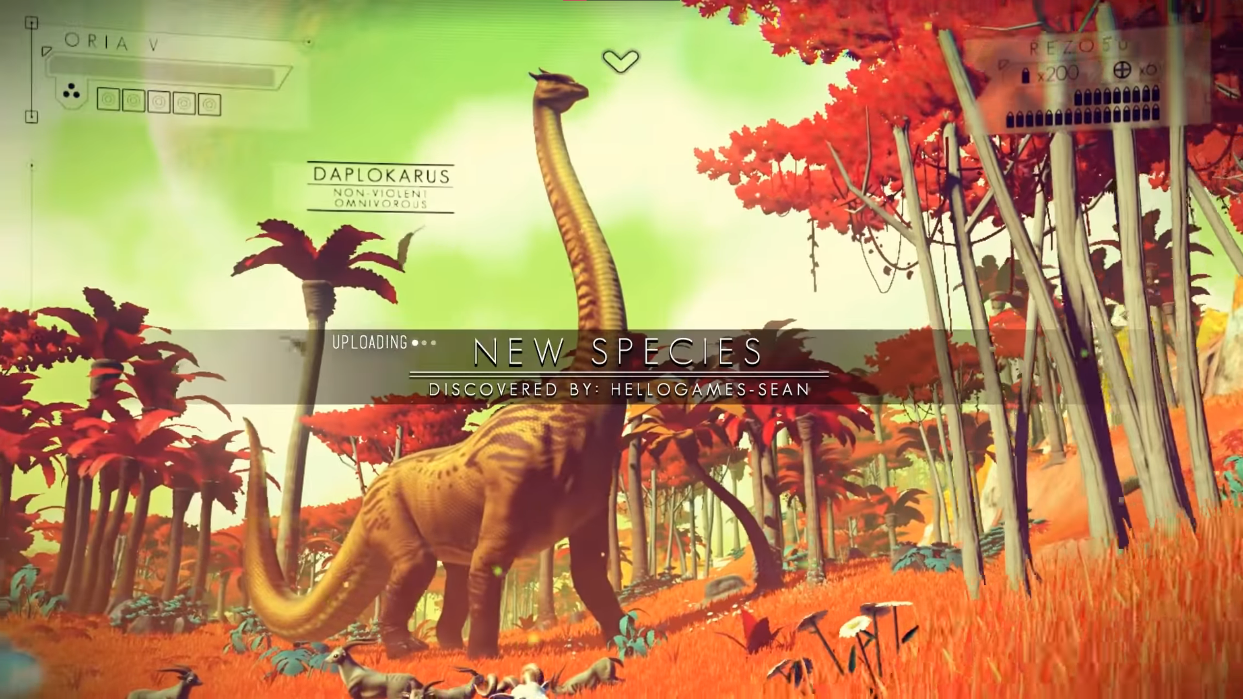 A still from the original gameplay reveal trailer for No Man's Sky, showing a dinosaur-like alien creature being scanned by the player while it wanders amongst the trees.