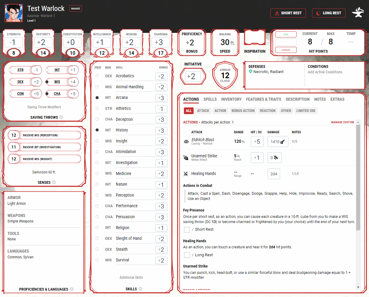 A D&D 5E character sheet for a level one warlock.