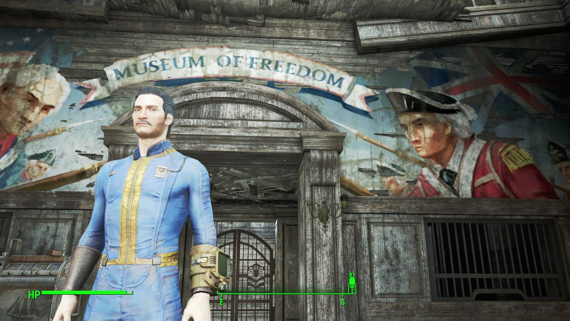 A sign in the Museum of Freedom from Fallout 4. The main character looks at the camera as if to say "how ironic."