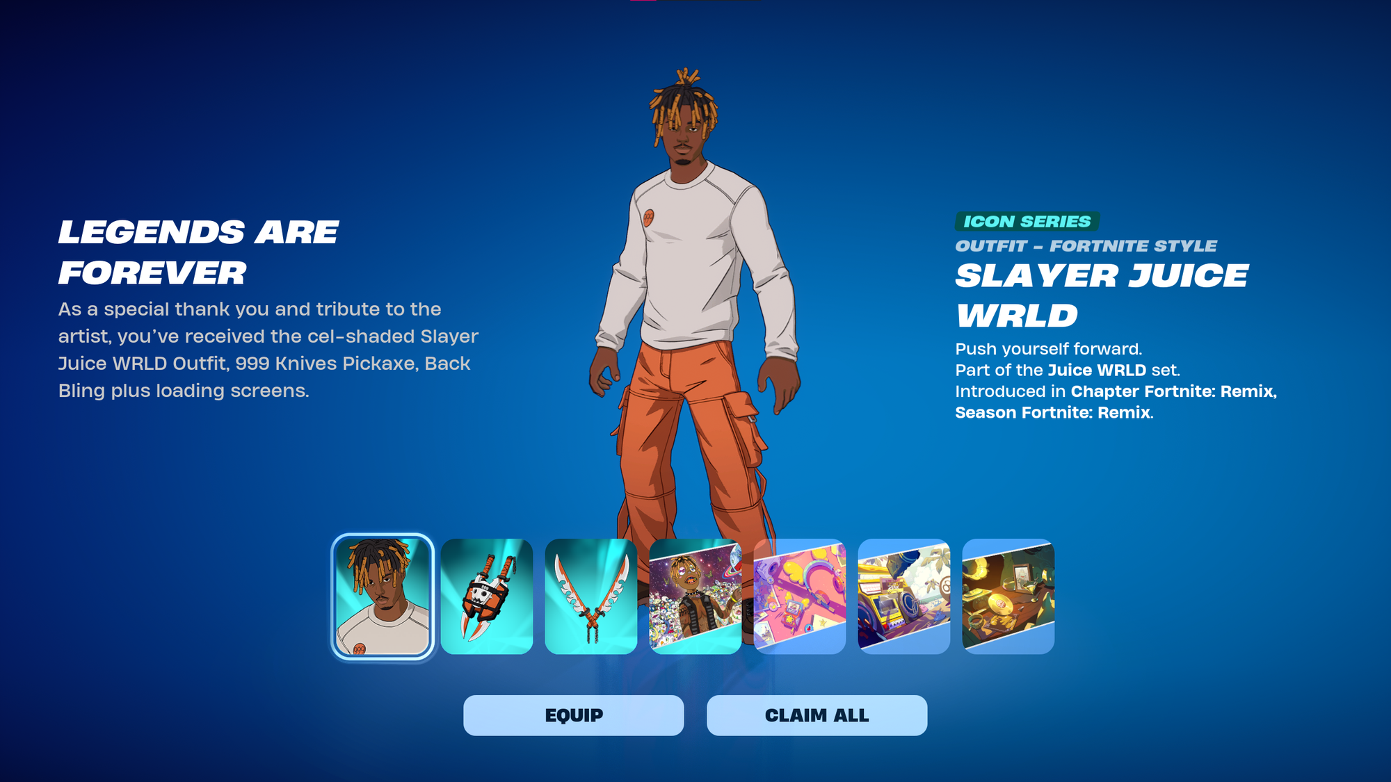 The item unlock screen from Fortnite, showing a bunch of Juice WRLD promotional items.