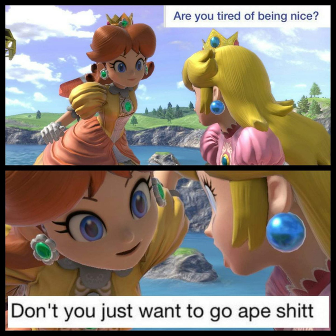 A two panel meme comic made with images from Super Smash Bros. In the first panel, Daist is looking at Peach and saying "Are you tired of being nice?" In panel 2 she is closer to Peach's face saying "Don't you just want to go ape shitt"