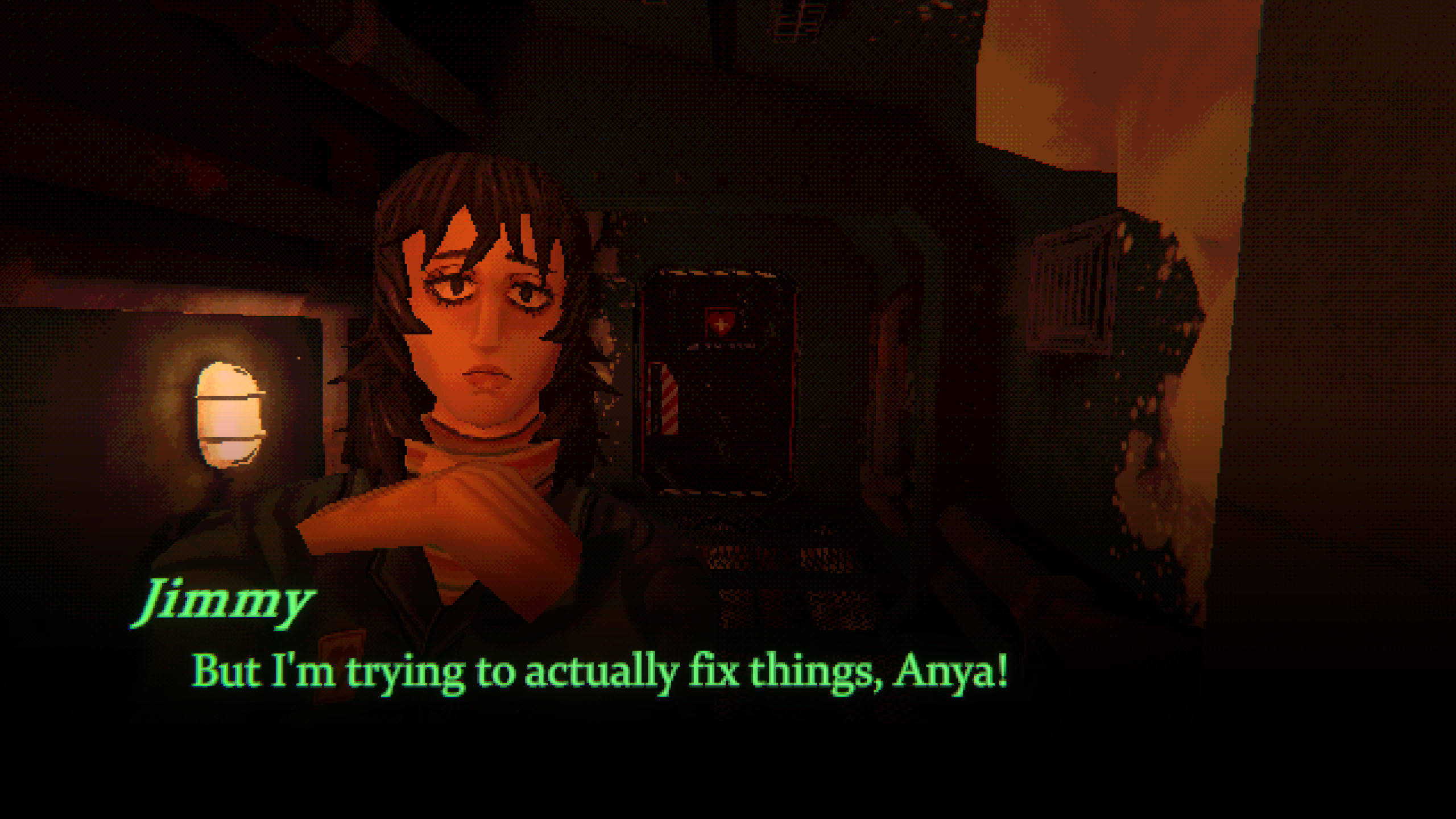 A screenshot from Mouthwashing showing the character Anya. The caption says "Jimmy: But I'm trying to actually fix things, Anya!"