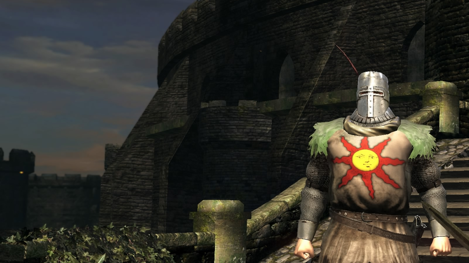 Solaire from Dark Souls standing on a balcony, asking about jolly cooperation.