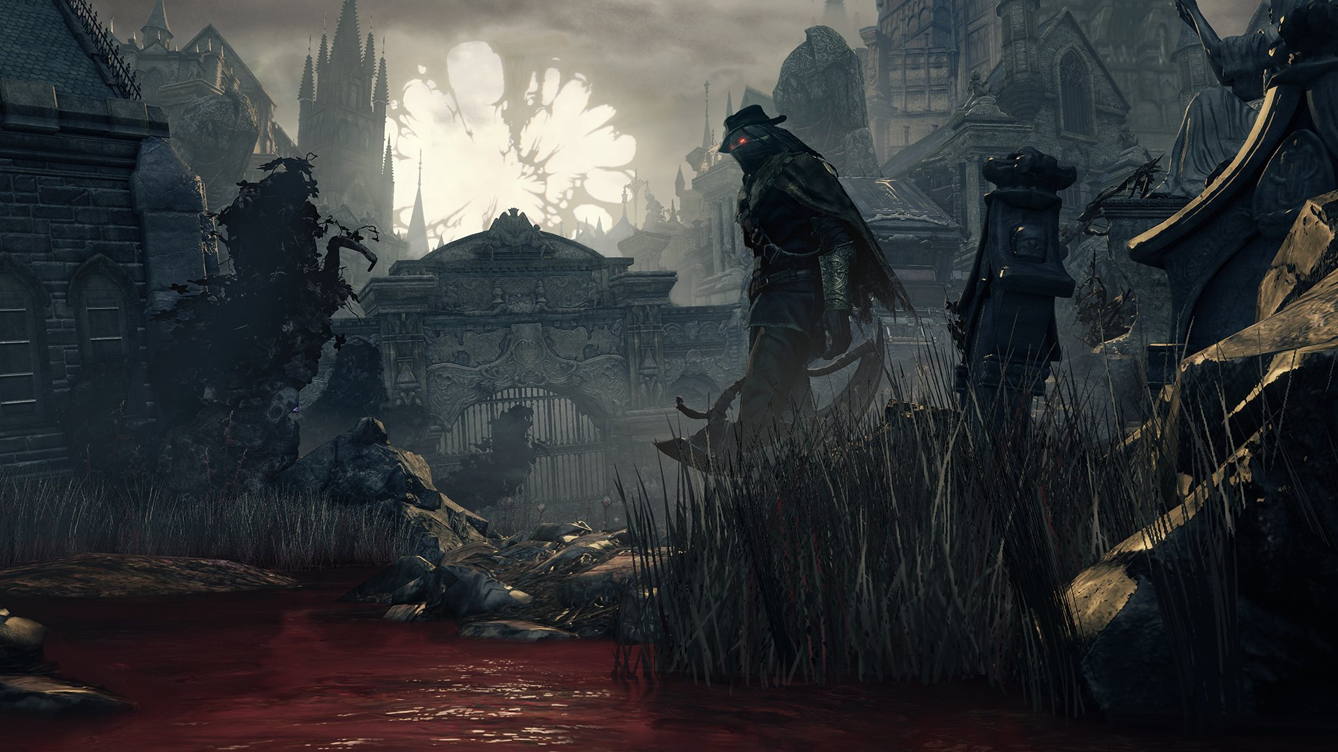 A shot from the Old Hunters DLC for Bloodborne, with an enemy hunter drunk on blood standing near a river of blood.