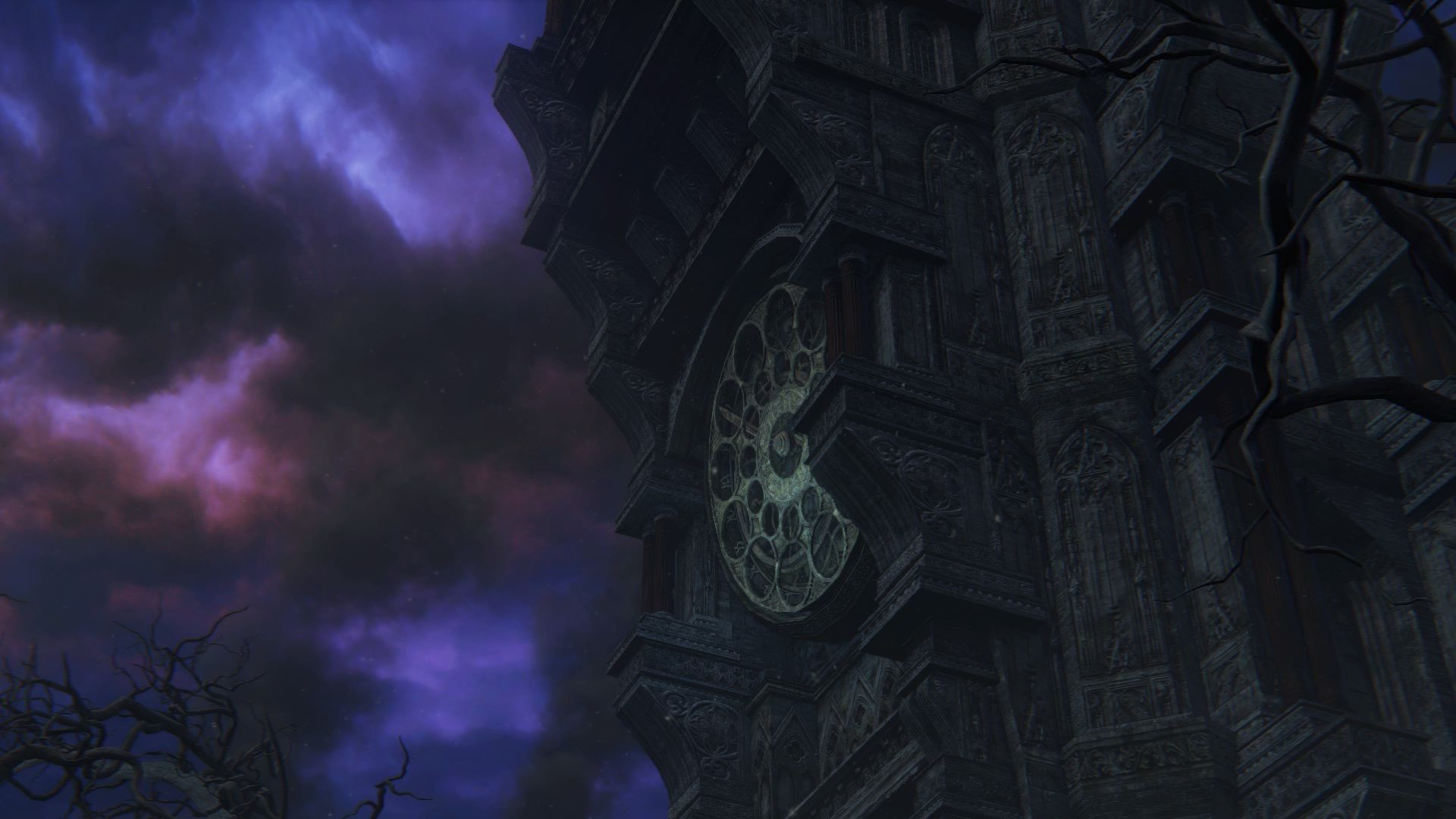 The astral clocktower in Bloodborne, set against a strange purple and pink sky.