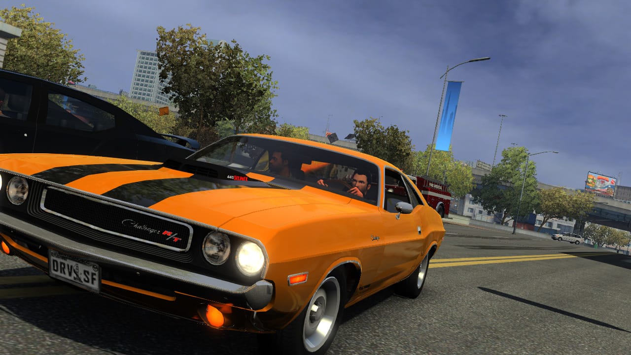 A muscle car driving down a San Francisco street in the game Driver San Francisco.