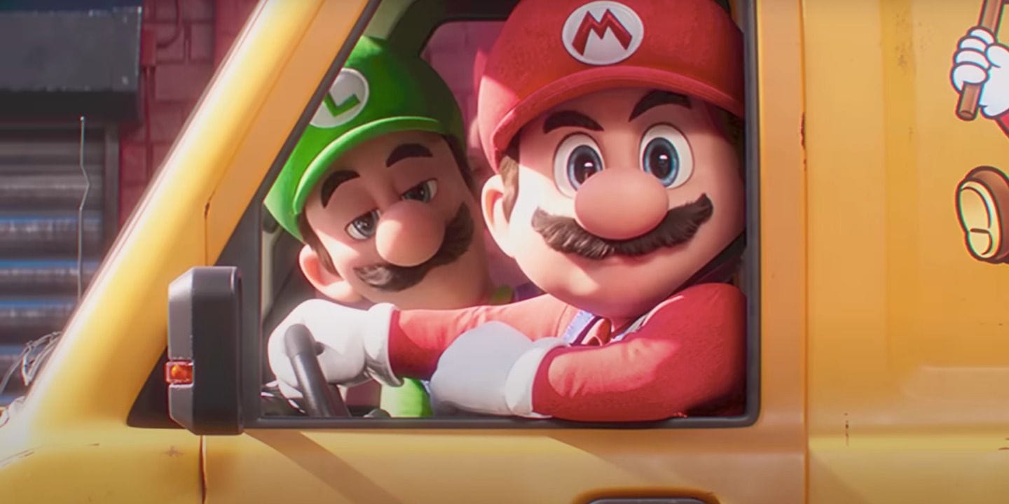 Mario and Luigi from the Super Mario Bros. Movie, in a plumbing truck.