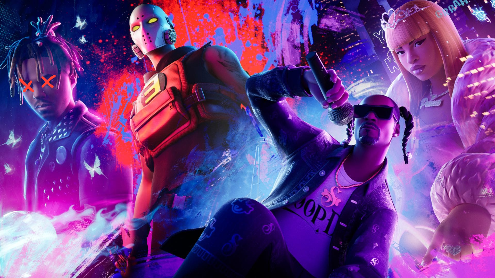 Promotional image for Fortnite featuring Eminem, Snoop Dogg, Ice Spice and Juice WRLD. Juice's eyes have been crossed out.