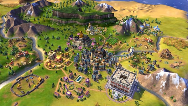 A city in Civilization 6, surrounded by mountain ranges.