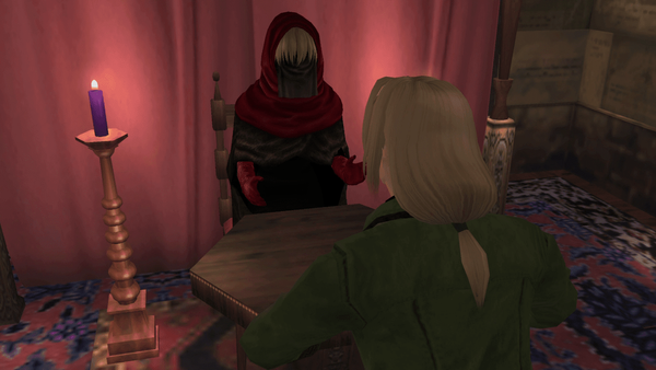 Eike and the fortune teller from Shadow of Memories, sitting inside the Alchemist's House.