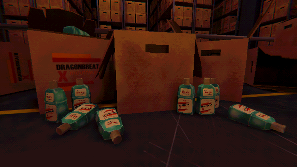 A screenshot from the game Mouthwashing showing boxes in a storage room spilling out blue bottles of mouthwash.