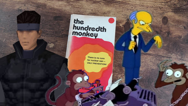 A copy of the book The Hundredth Monkey with images from The Simpsons and Metal Gear Solid overlaid.