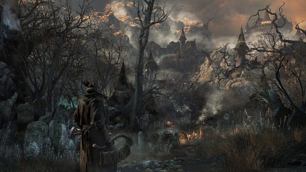 Screenshot from Bloodborne, with a hunter standing in front of a gothic township and twisted trees.