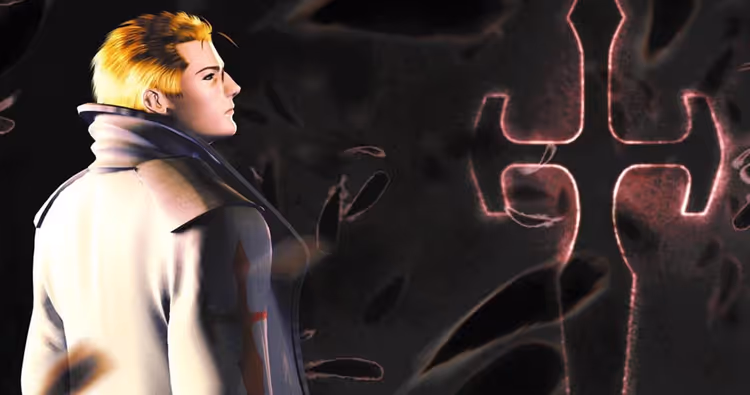 Seifer Almasy from Final Fantasy VIII, standing with his back to the viewer. A cross is in the background.